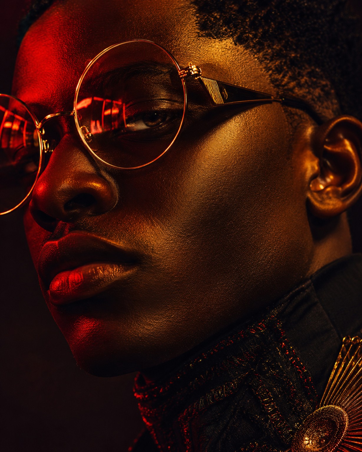 Editorial close-up portrait lit in red and gold